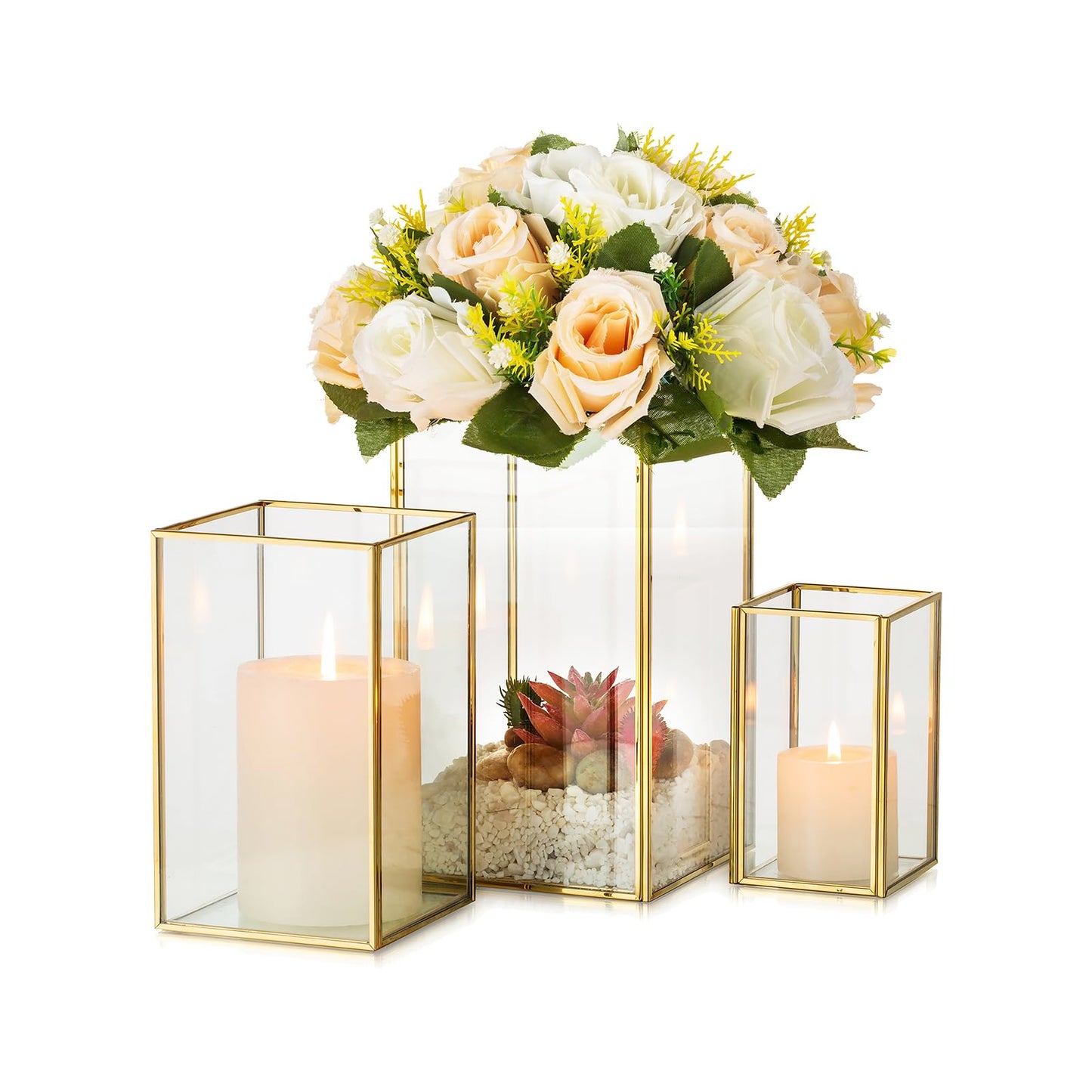 Glass Hurricane Candle Holder Large - Hewory 3pcs Gold Rectangle Flower Holders Centerpiece for Table, Tall Floor Square Pillar Candle Lantern for Wedding, Anniversary, Party, Fireplace, Dining Room