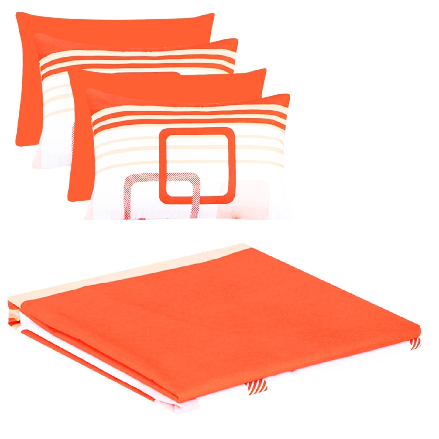 6Pcs Bed Sheet Set Queen Size, Orange White Geometric Soft Microfiber Bedding Sets with 1 Square Rectangle Patterned Sheet 1 Deep Pocket Fitted Sheet and 4 Pillowcases