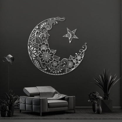 Mandala Moon Metal Wall Art, and Stars Decor, Lotus Flowers, Modern Home, Boho for Bedroom