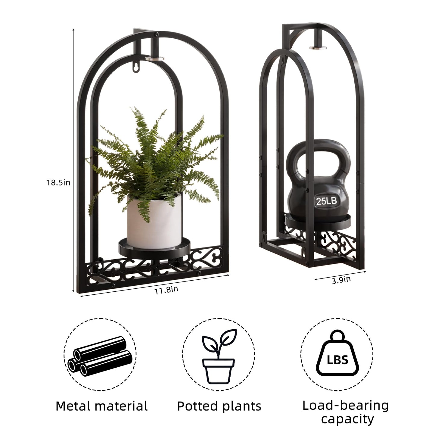 Rioneta Wall Planter Holder with Light, Metal Arch Frame Hanging Plant Stand with Grow Lights, Modern Black Iron Wall Decor for Indoor Outdoor Living Room, Balcony & Garden 2 Pack Black