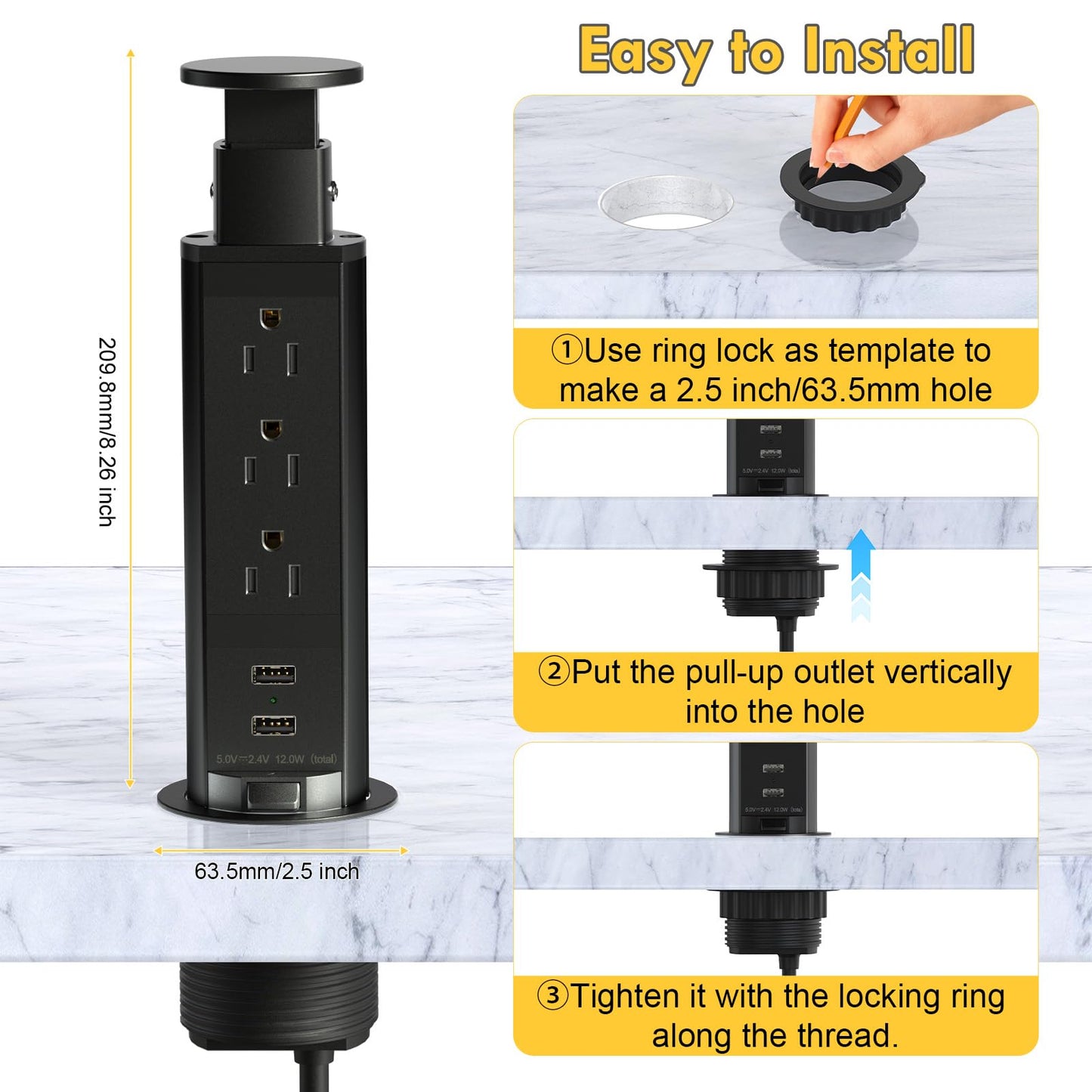 Pop Up Electrical Outlet for Countertop, Recessed Power Strip with 3 AC Outlet & 2 USB Ports,2.5" Hole Pull Pop Up Socket Hidden Outlets, Pop Out Power Outlet for Kitchen Counter Conference Desk