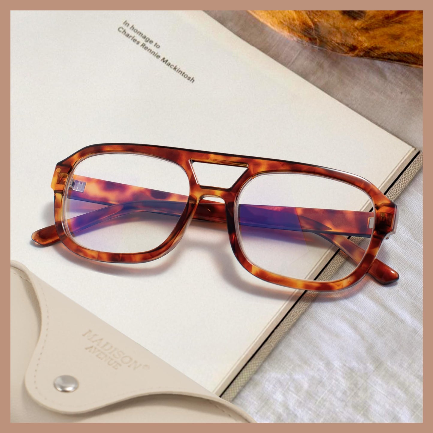 Madison Avenue Retro Aviator Blue Light Blocking Glasses for Women Men with Case, Trendy Rectangle Computer Eyeglasses Orange Demi