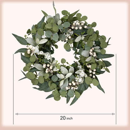 Idyllic Berries Eucalyptus Wreaths for Front Door, 20" Artificial Spring Summer Green Leaf Wreath for Farmhouse Wall Wedding Decor Window Front Porch Decor