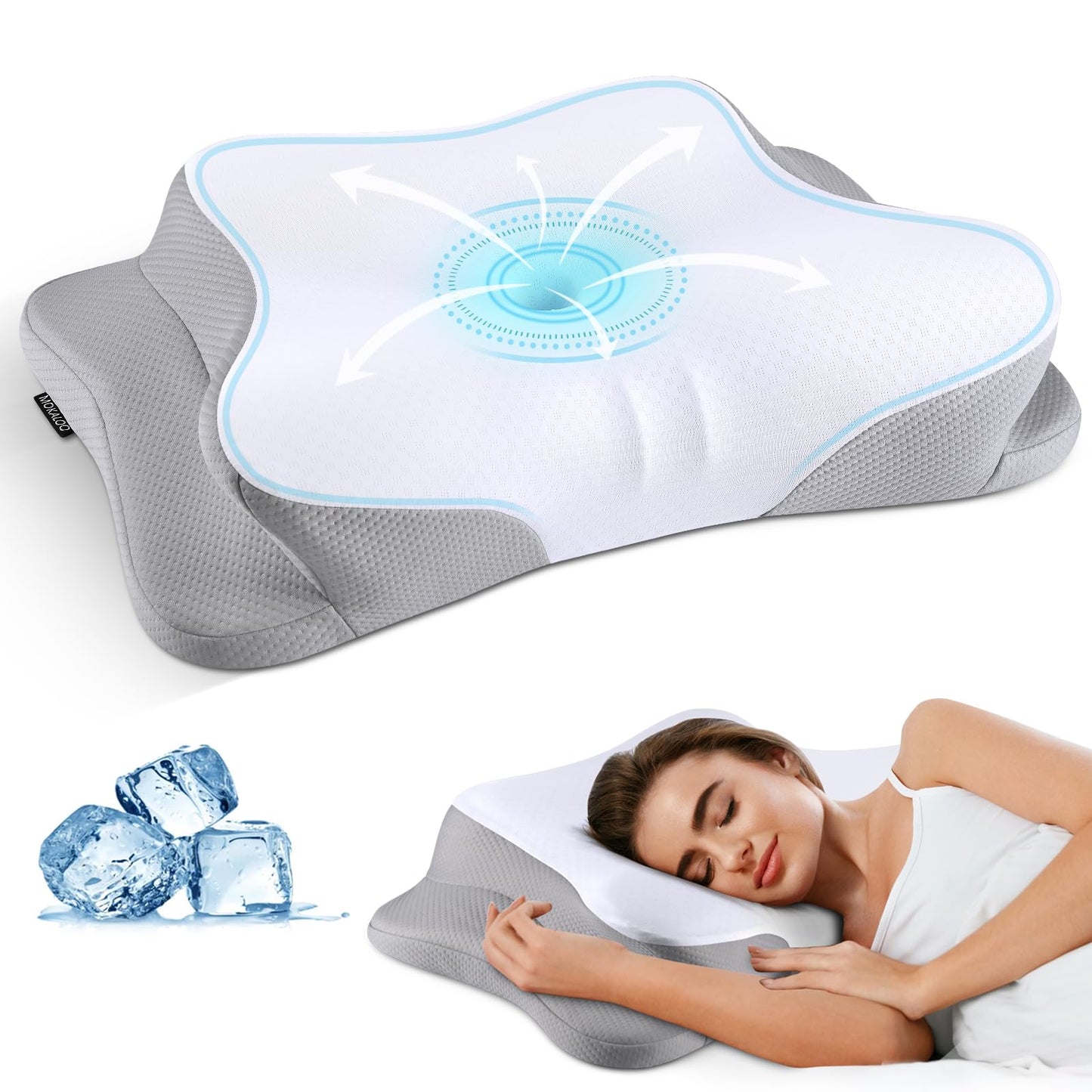 Cervical Neck Pillow for Pain Relief - Cooling Ergonomic Neck Support Pillow for Sleeping, Orthopedic Contour Memory Foam Pillows for Side, Back & Stomach Sleepers with Pillowcase (Grey)