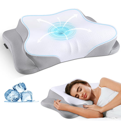Cervical Neck Pillow for Pain Relief - Cooling Ergonomic Neck Support Pillow for Sleeping, Orthopedic Contour Memory Foam Pillows for Side, Back & Stomach Sleepers with Pillowcase (Grey)
