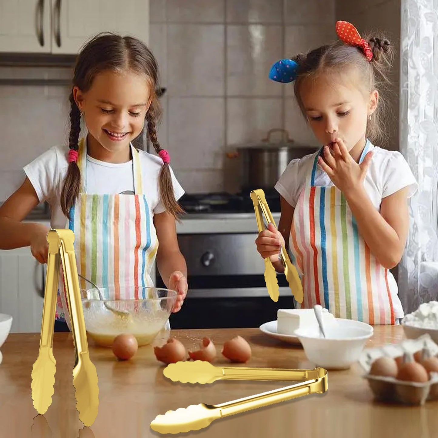 4 Pack Gold Serving Tongs XEVOM Buffet Tongs Serving Utensils Salad Tongs Stainless Steel Gold Plated Buffet Serving Tongs,9 Inch