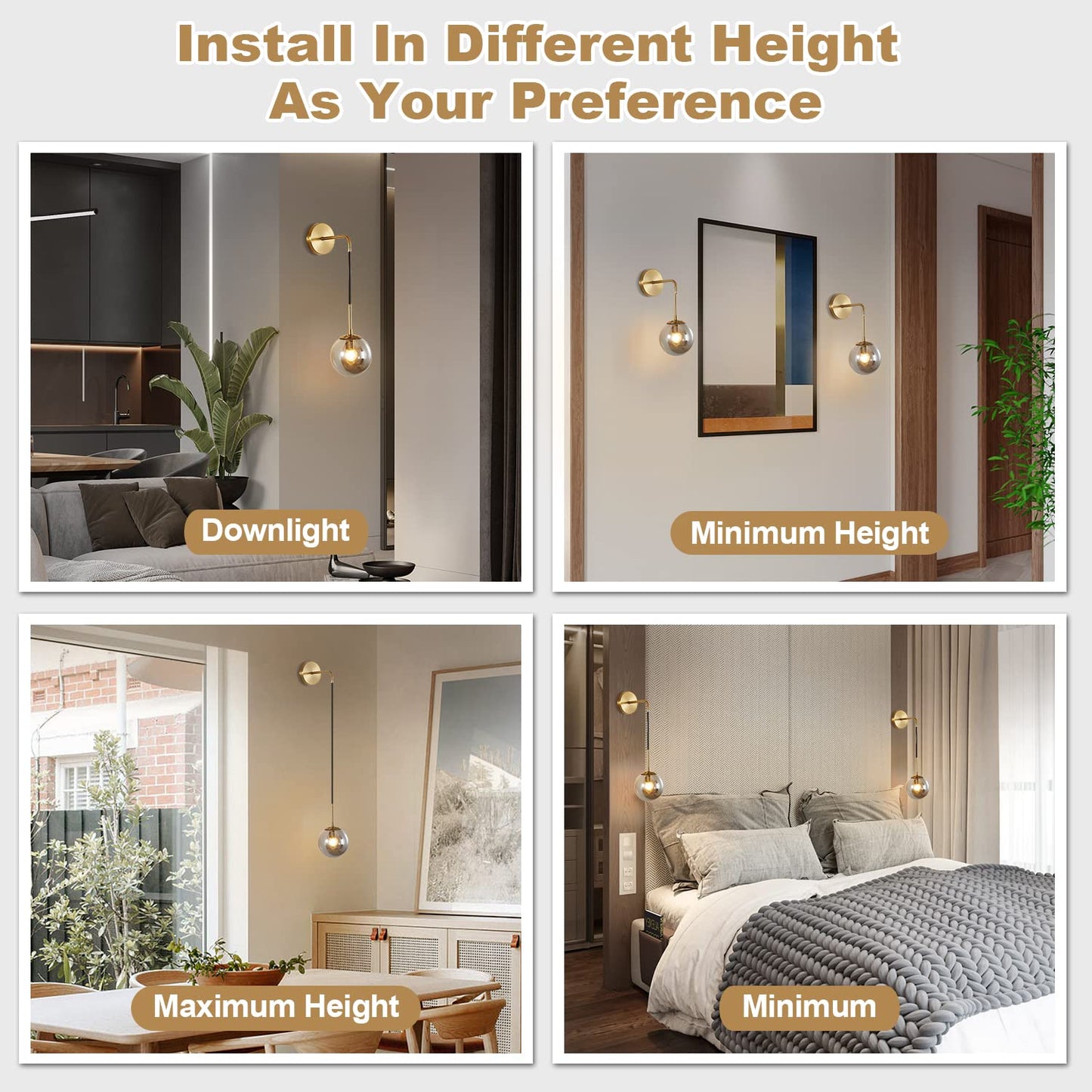 KCO Lighting Modern Glass Globe Wall Sconce Minimalist Gold Wall Mounted Sconce Light with Smoke Grey Lampshade Round Wall Lamp for Bathroom Mirror Bedroom (Smoke Grey-2PC)