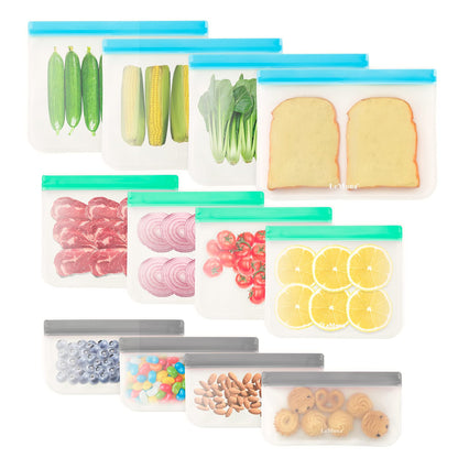 12 Pack Reusable Food Storage Bags - BPA-Free, Leakproof Food Bags - Includes 4 Gallon, 4 Sandwich, and 4 Snack Bags - Ideal Solution for Safe and Convenient Freezer Storage.