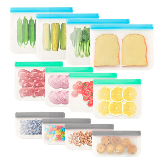 12 Pack Reusable Food Storage Bags - BPA-Free, Leakproof Food Bags - Includes 4 Gallon, 4 Sandwich, and 4 Snack Bags - Ideal Solution for Safe and Convenient Freezer Storage.