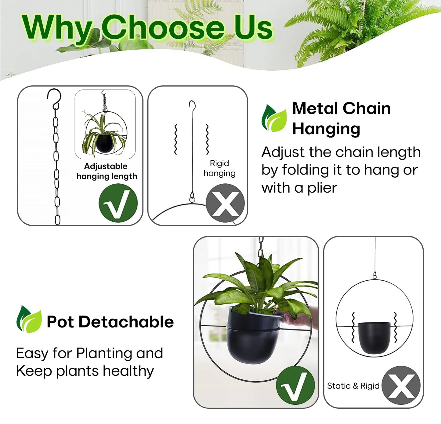 Shineloha 2 Pack Hanging Planters for Indoor Plants with 5.5" Pot + Ceiling Hook + Extender Chain | Hanging Plant Holder, Metal Minimalist Planter, NO Plant incld