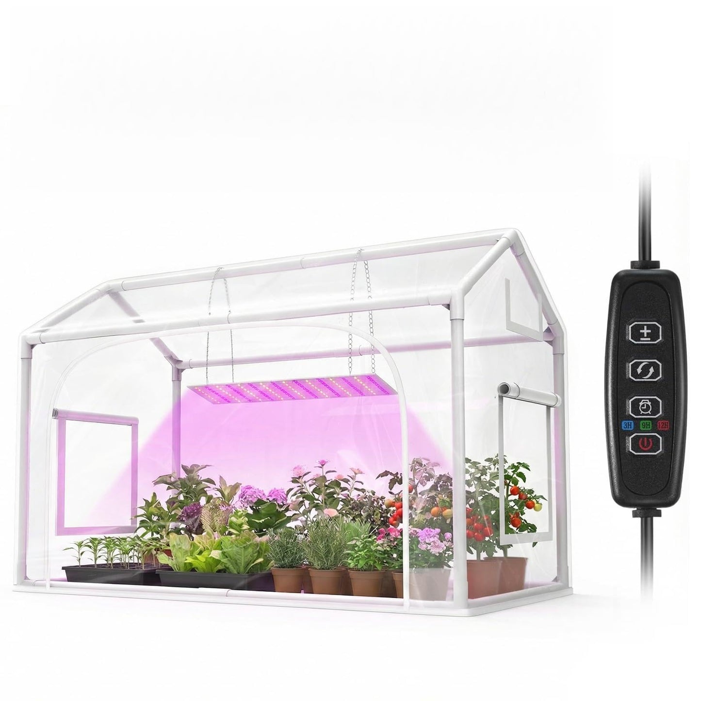 Mini Greenhouse with Grow Light & Timer & Hygrothermograph, 30"x16"x20" Indoor/Outdoor Tabletop Greenhouse with 96 LEDs Dimmable Full-Spectrum Lights (3 Colors), for Houseplants,Seedlings, Outside