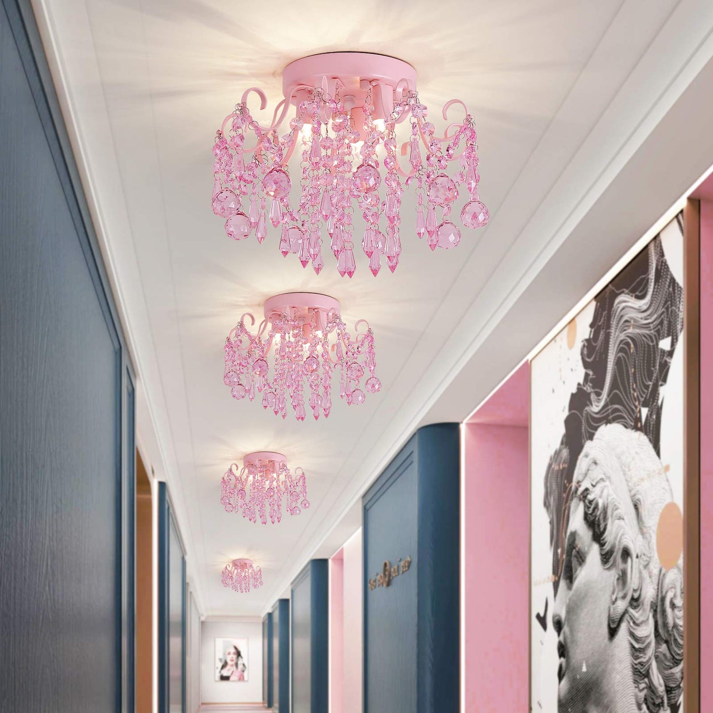 Q&S Mini Crystal Chandelier,Semi Flush Mount Pink Girl Chandelier, Small Crystal Ceiling Light Fixture Bedroom Bathroom Closet Nursery 3 Lights