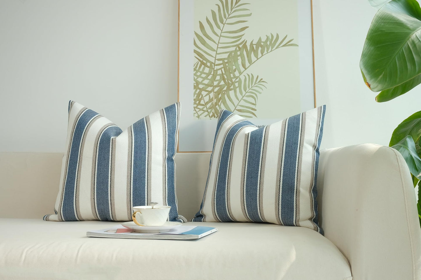 JOJUSIS Stripe Throw Pillow Covers Farmhouse Pillowcases Pack of 2 16 x 16 Inch Blue