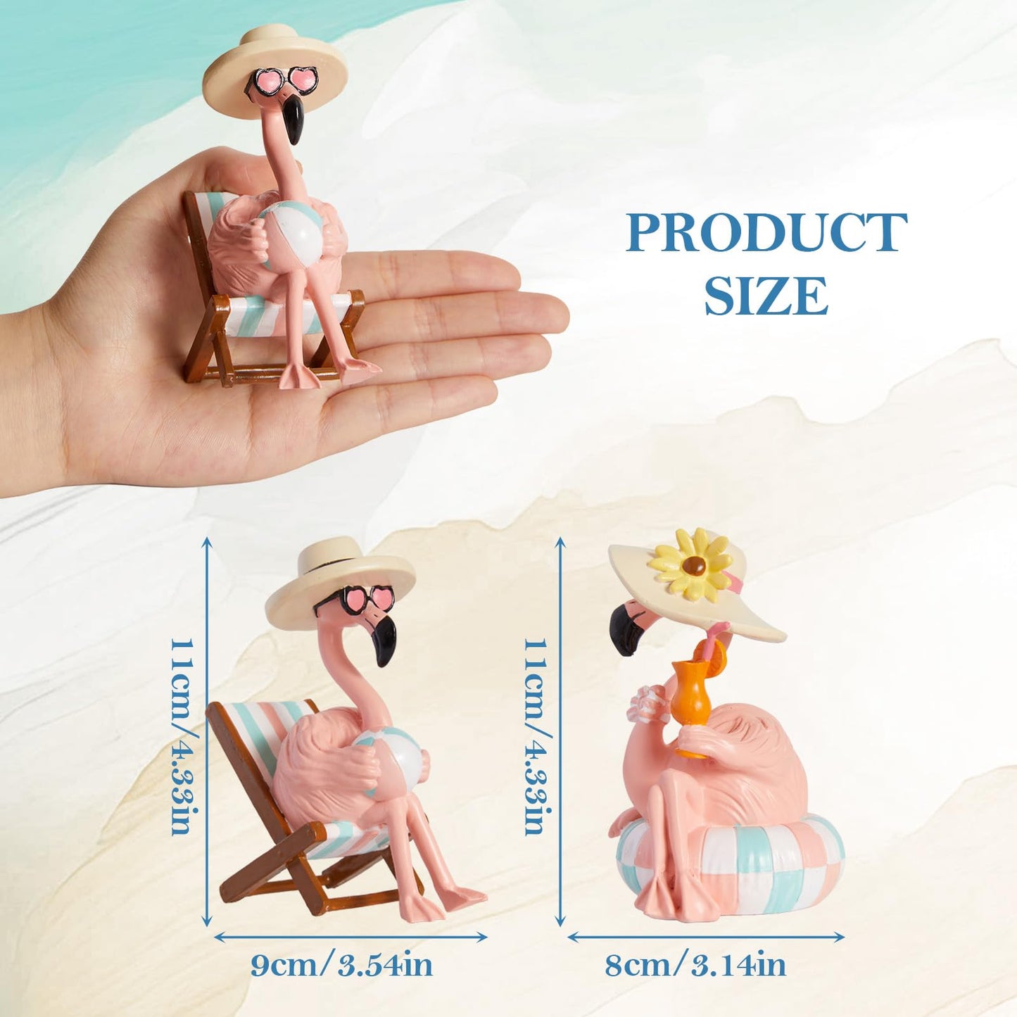 WDS WONDROUS Flamingo Figurines 2Pcs, Summer Beach Decor, Pink Resin Statues with Pool Float & Beach Chair, Tropical Vacation Tabletop Gifts for Women Desk Holiday Decoration