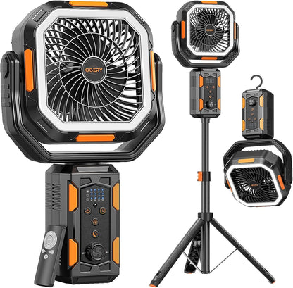 OGERY Camping Fan, Portable Fan with Adjustable Height Stand, 20000mAh Rechargeable Battery Powered Fan with Remote, LED Light, Auto Oscillation, Fast Charging, Floor or Desk Fan for Tent, RV, Travel