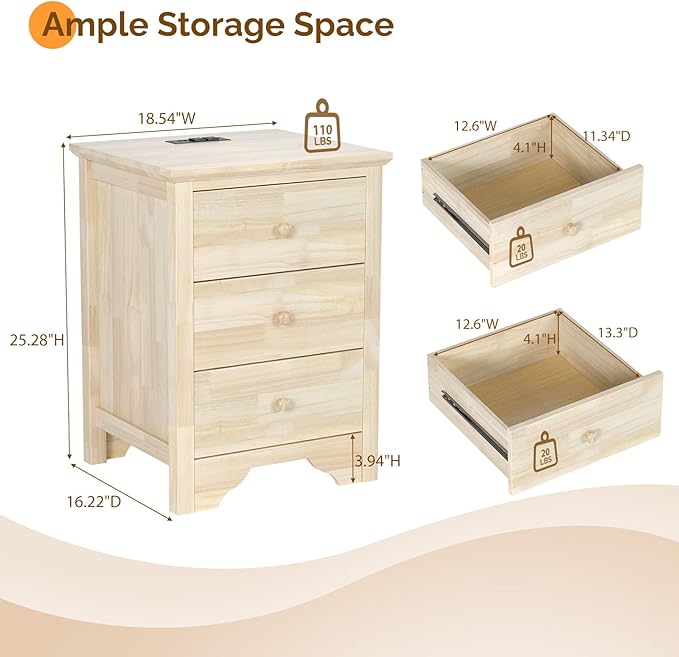 Bonnlo Solid Wood Nightstand Unfinished