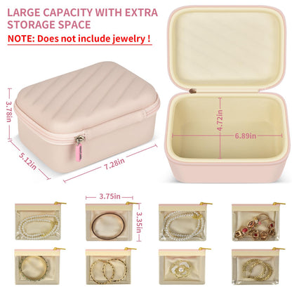 GWCASE Travel Jewelry Case with 8 Clear Tangle-Free Velvet Pouches, Large Capacity Jewelry Organizer Bag with Extra Space for Ring Box Watch, Waterproof PU Leather Pink Box for Women, Long Trips