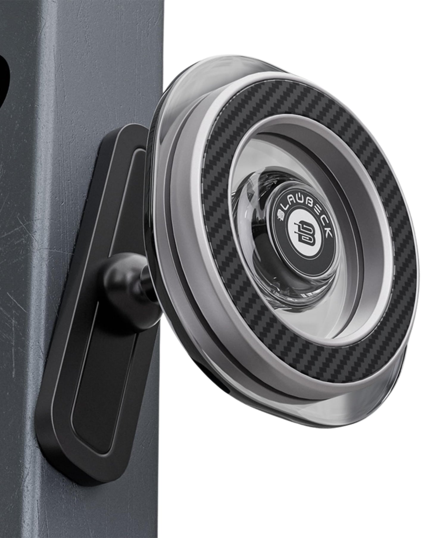BLAUBECK Magnetic Gym Phone Holder for MagSafe & Android | Carbon Fiber Face + Transparent Acrylic Disc | Ball Joint 360° Mount for Squat Racks, Golf Carts & Metal Equipment | Metal Ring Included