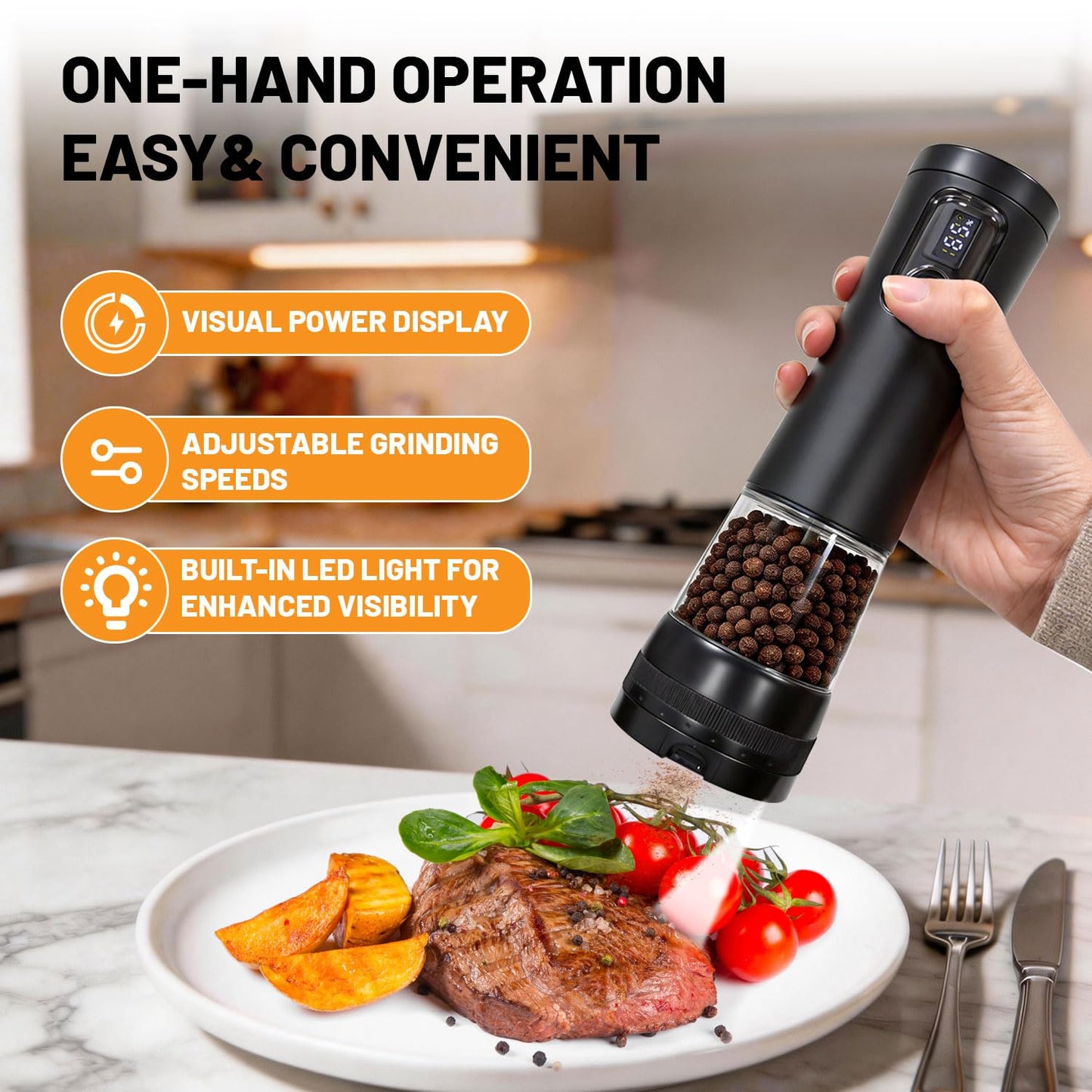 Sovtekr Electric Salt and Pepper Grinder Set, 5 External Coarseness Levels, Rechargeable with 2-in-1 Charging Base, LED Light, 110ml Large Capacity