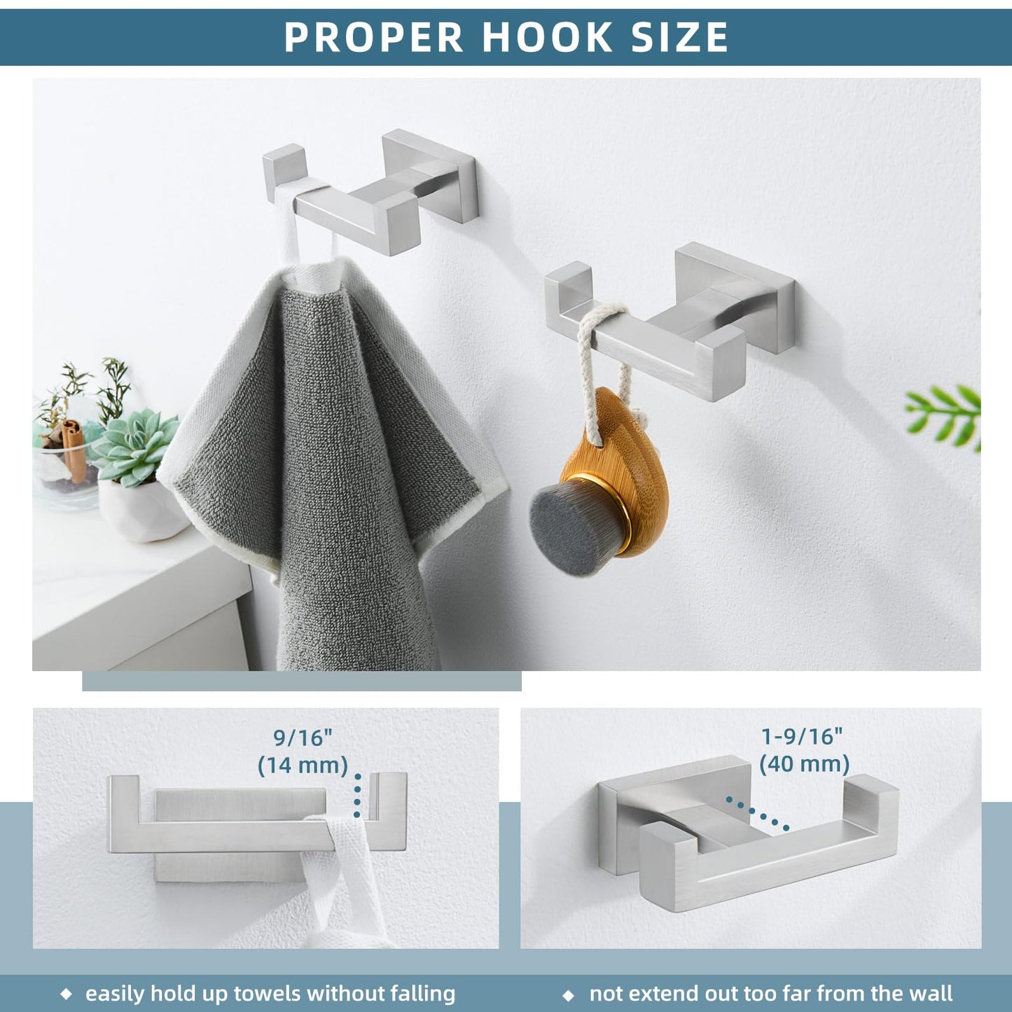 Angle Simple Bathroom Double Hook 2 PCS, SUS304 Stainless Steel Hand Towel Holder, Bath Towel Hanger, Modern Robe Hook for Wall, Brushed Nickel