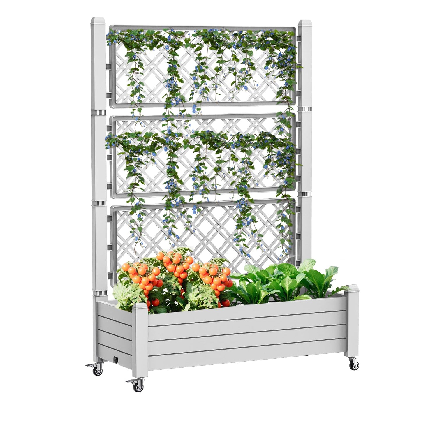 Vixzen 64" Tall Raised Garden Bed,Outdoor Large Resin Planter Box with Trellis and Drain Plug for Climbing Plants,Easy to Assemble,Water Monitor,Mobility(Ashen, 43.43"×18.27"×64.29")