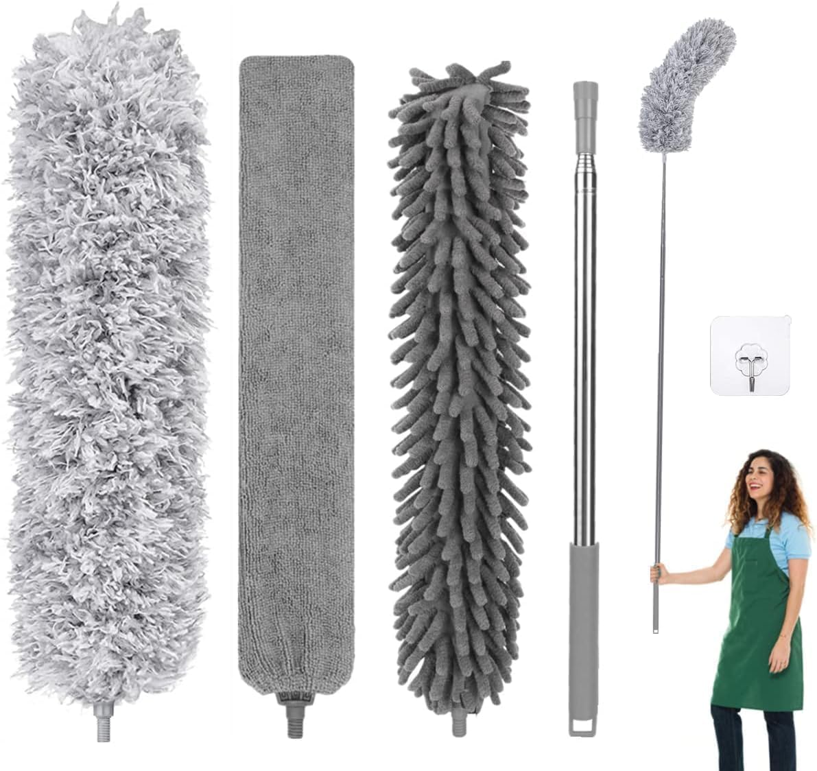 Fogray Extendable Feather Duster Kit - Long Handled 100" Telescopic Pole and Soft Silicone Cap, Bendable Washable Heads for Cleaning Cobwebs, High Ceiling Fans, Roof, Furniture & Cars(5Pcs-Grey)