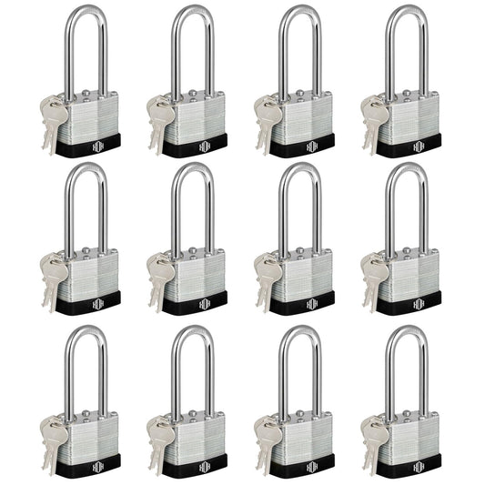 HOX Keyed-Alike Padlocks w/ 2” Long Hardened Shackle, 1-9/16” Wide Body, 12-Pack Shackle Padlock for Hasp Latch, Shed, Fence, Storage Locker, Black