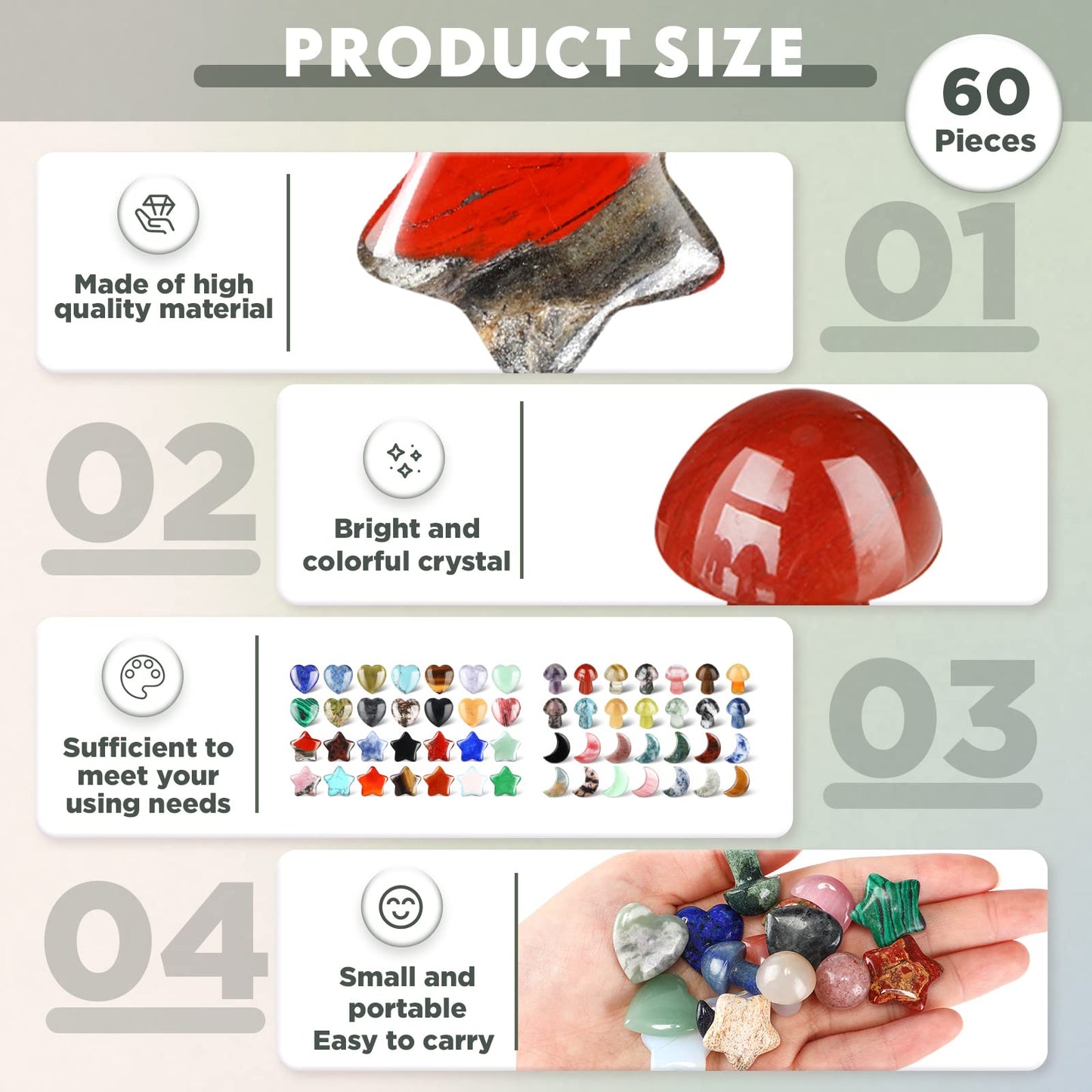 Nuenen 60 Pieces 20 * 20 * 6 mm Crystal Mushroom Sculpture Heart Shaped Moon Star Crystals Stones Bulks Worry Stones Assorted Hand Making Palm Thumb Gemstones for Witchcraft Meditation Reiki(Simple)