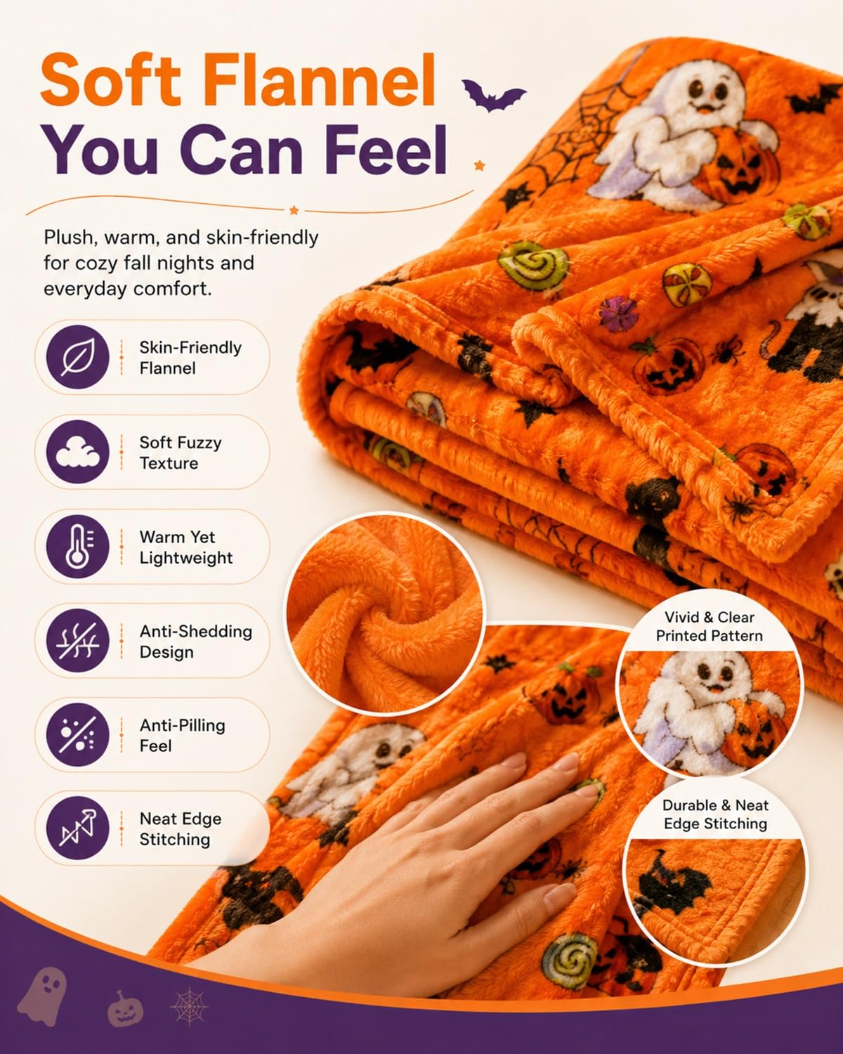 Halloween Throw Blanket Couch Cozy Flannel Decoration for Party Bed Soft Flannel Ghost Blanket Halloween Harvest Gifts Horror Ghost Bat Pumpkin(Model2,50x80in)