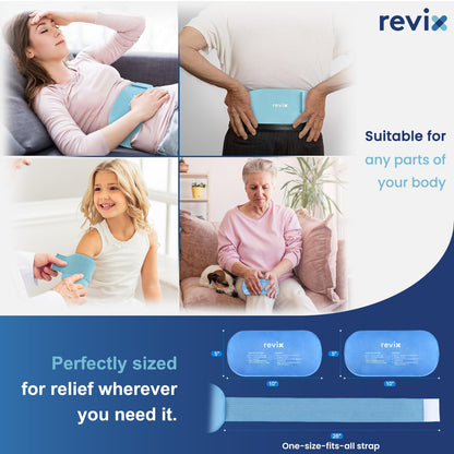 REVIX Ice Packs for Injuries Reusable, 2 Packs Hot and Cold Pack with Adjustable Strap, Flexible Ice Wraps for Joints and Muscle, Rotator Cuff, Back, Knee Discomfort Relief (10" x 5" Blue)