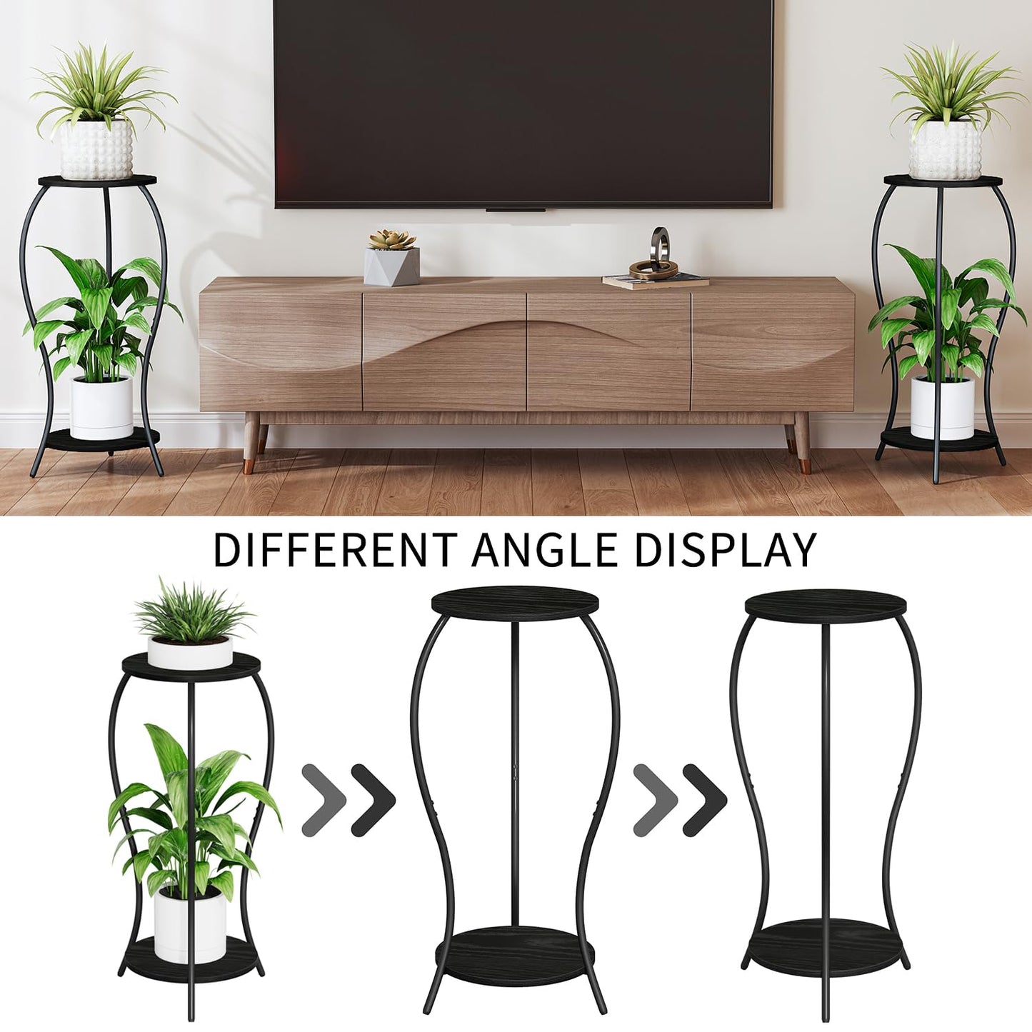 VYUOL Plant Stand Indoor, 2 Tier Round Tall Plant Stand, Flower Pot Stand, Plant Shelf Rack, Corner Plant Stand for Planter Garden Balcony Patio Living Room, Black