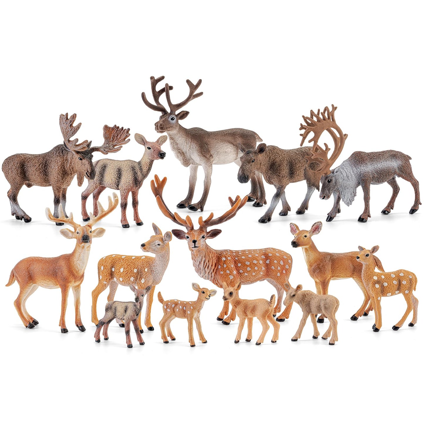 THINKBAY 14 PCS Deers Family Figurines Set - Elk, Reindeer, Moose, Sika Deer, Whitetail Deer - Realistic Solid Wild Animal Figures for Kids 3+, Educational Toys, Cake Toppers, Party Favors