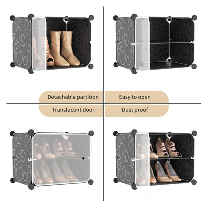 WEXCISE Portable Shoe Rack with Door, 64 Pairs Cabinet Easy Assembly, Plastic Adjustable Shoe Storage Organizer Stackable Detachable Free Standing DIY Expandable 8 Tier Black