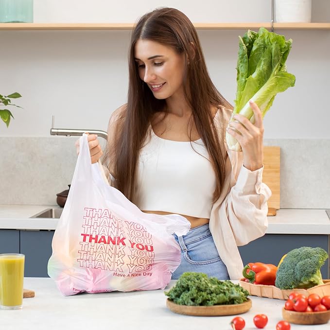 Delxo Grocery Bags Thank You Plastic T-Shirt Bag, To Go, Convenience Stores