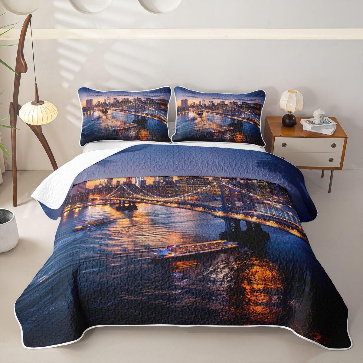 Erosebridal New York City Queen Quilt Bedding Set Cityscape Quilted Comforter Manhattan Skyline Bridge Bedspread Coverlet Sunset Scenery Quilted Blanket for Hot Sleepers Room Decor for Teen Girls