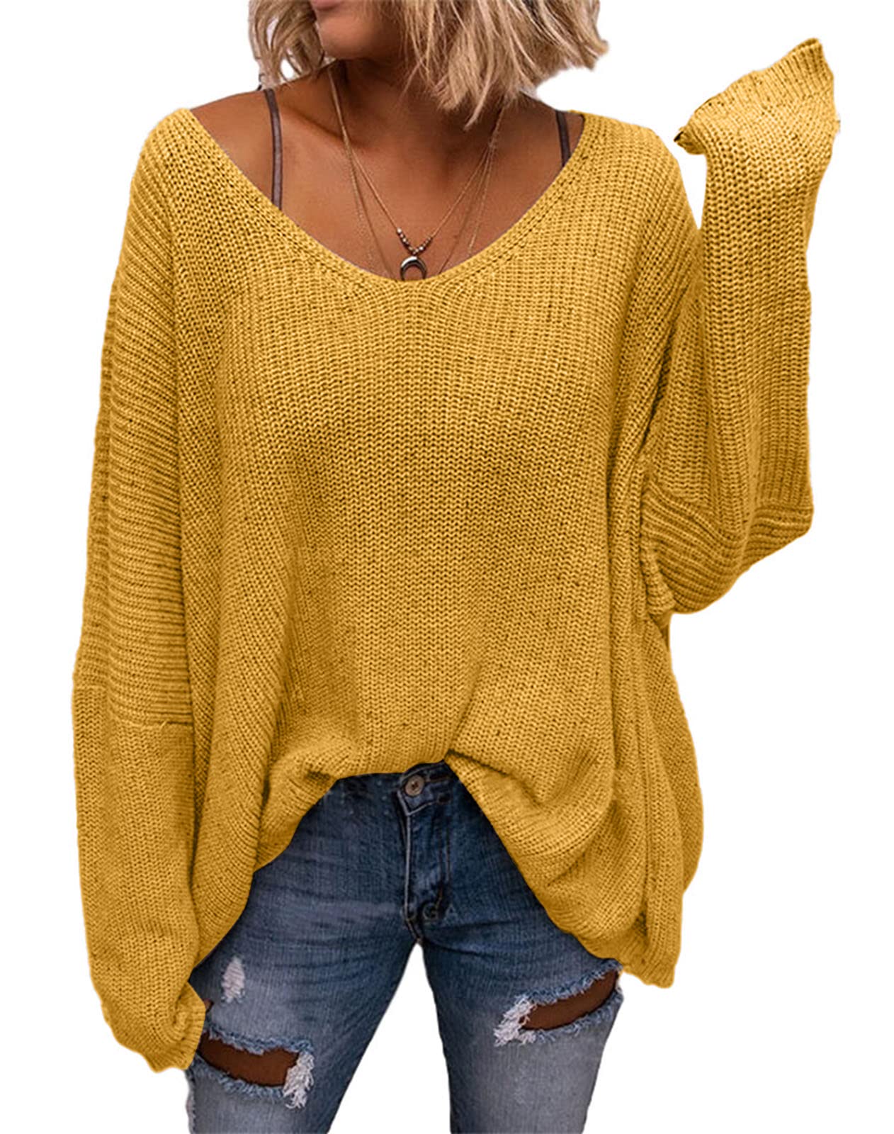 BZB Women's V Neck Long Sleeve Knit Loose Oversized Pullover Sweater Top