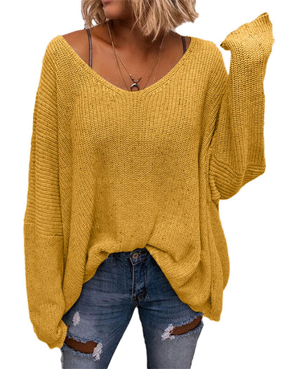 BZB Women's V Neck Long Sleeve Knit Loose Oversized Pullover Sweater Top