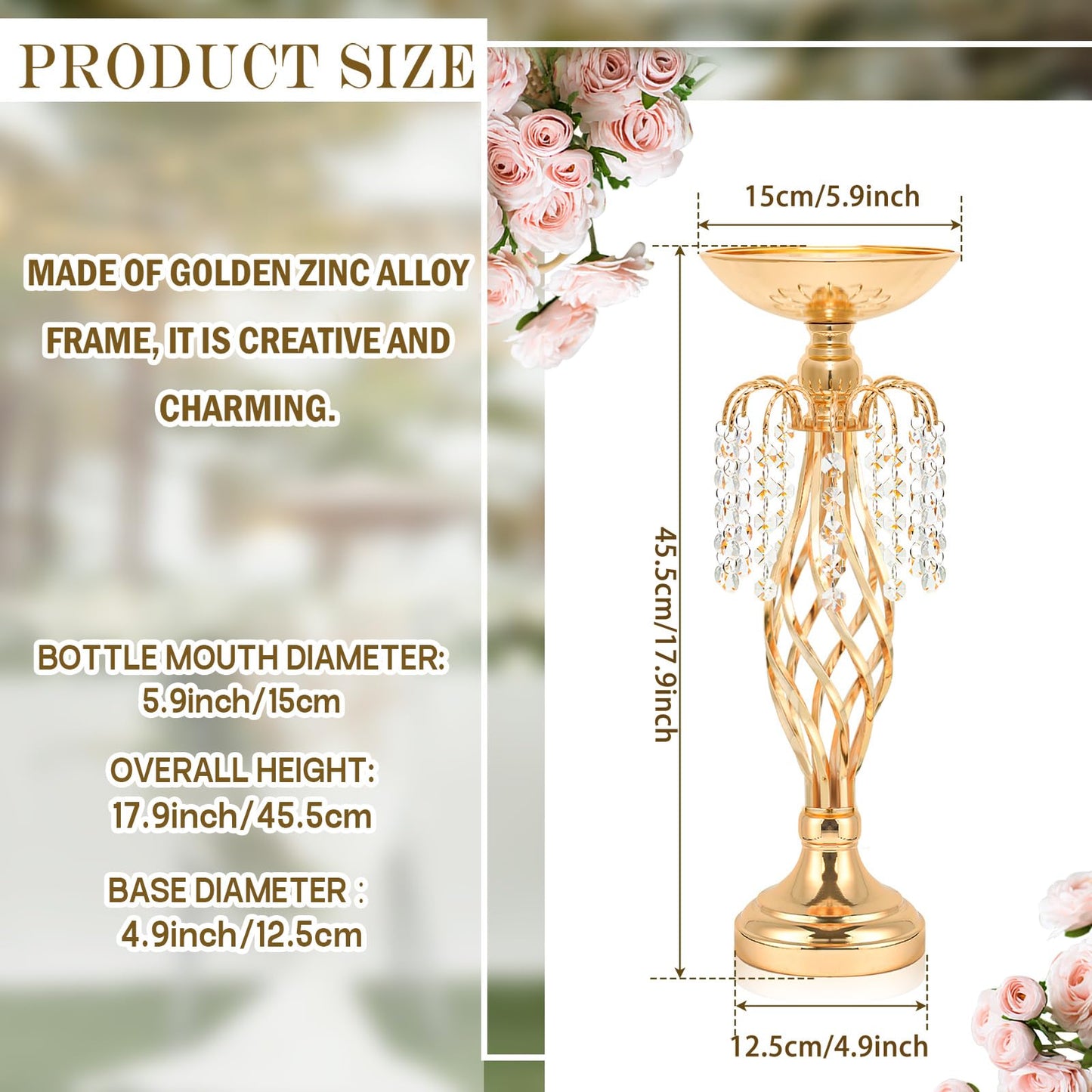 Kolnlala Gold Metal Crystal Pendant Flower Stand Set, 17.9 Inch Elegant Tall Vases Wedding Centerpieces with Crystal Pendants for Wedding Banquet, Party, Event, Anniversary, Home Decor (Gold, 2 Pcs)