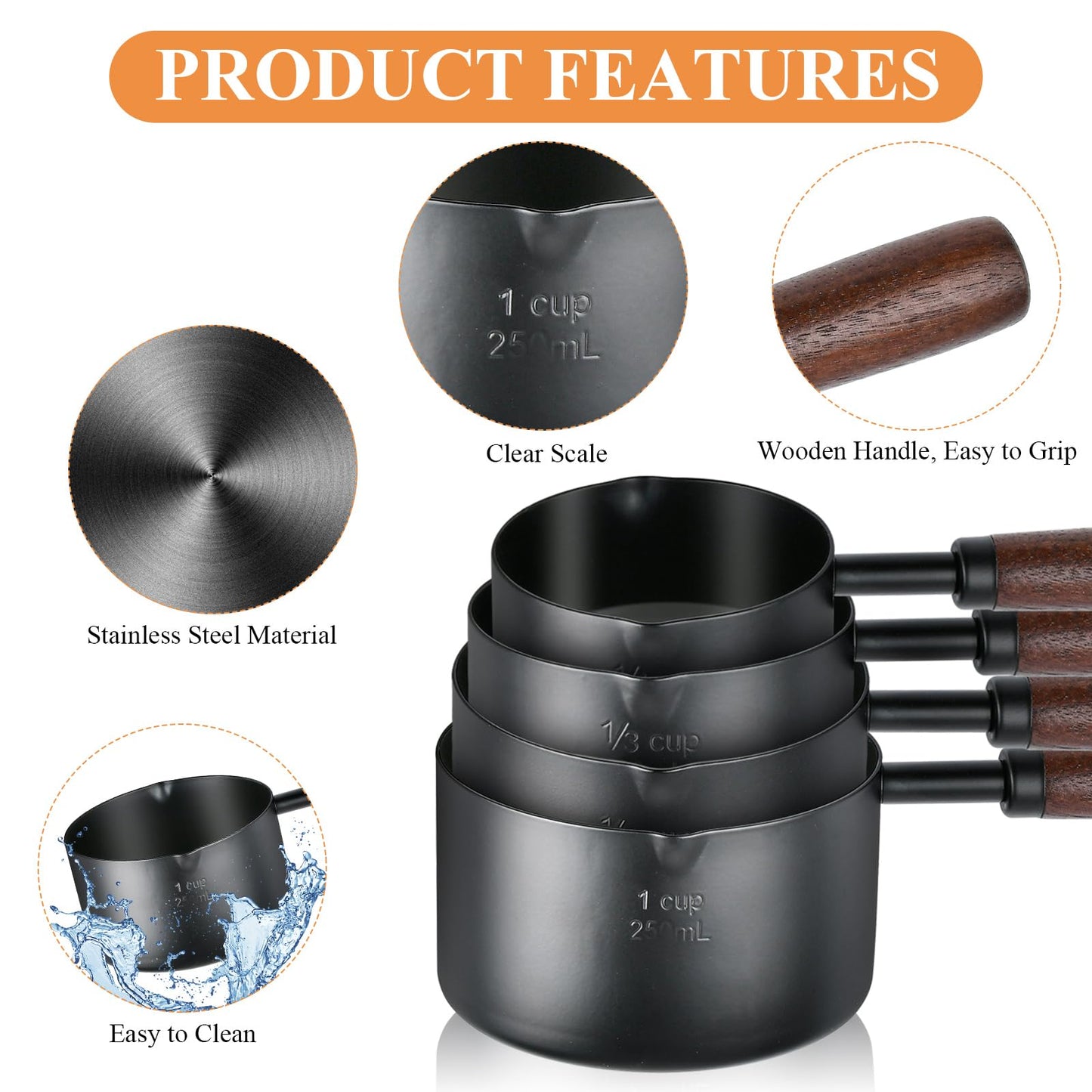 Milkary 4Pcs Measuring Cups with Wooden Handle, Black Stainless Steel Measuring Cups Scoops Set, Dog Food Scoop for Kitchen Flour Spice Seasoning Measurement Cooking (1, 1/2, 1/3, 1/4 Cup)