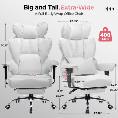 GTPLAYER Big and Tall Gaming Chair 400lbs Heavy Duty Office Chair with Foot Rest & Ergonomic Pocket Spring Lumbar Support, High Back Executive Computer Desk Chair for Lower Back Pain Relief, White