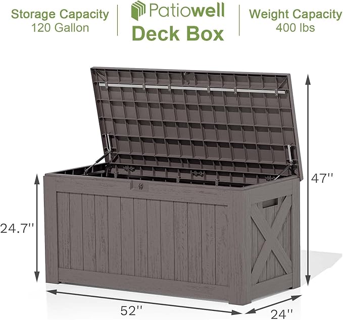 Patiowell 120 Gallon Large Deck Box, Outdoor Lockable Storage Box for Gardening Tools, Waterproof Deck Box for Patio Furniture, Brown