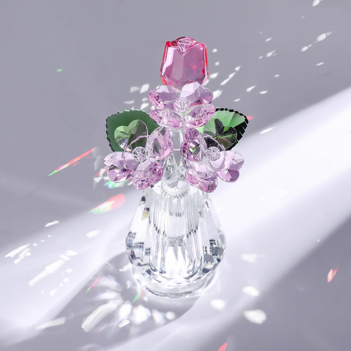 Crystal Rose Flower Figurine with Vase, Handmade Glass Flower Gifts for Woman, Wedding Gifts for Wife, Home Party Decorations (Pink)