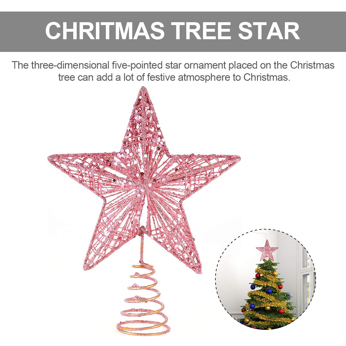 Amosfun Christmas Tree Topper 10 Inch Pink Glitter Star with Metal Hollow Design Wire Star Treetop for Holiday Christmas Home Decoration