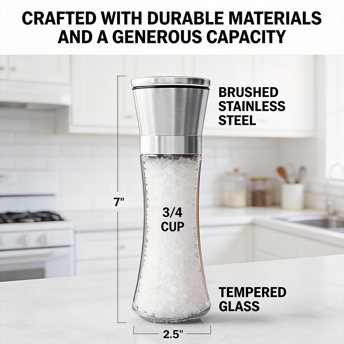 Gorgeous Salt & Pepper Grinder Set — Refillable Stainless Steel & Glass Spice Mill with Adjustable Coarseness - Perfect For Himalayan Or Sea Salts, Fresh Ground Pepper, Or Fresh Spices (2 Pack)