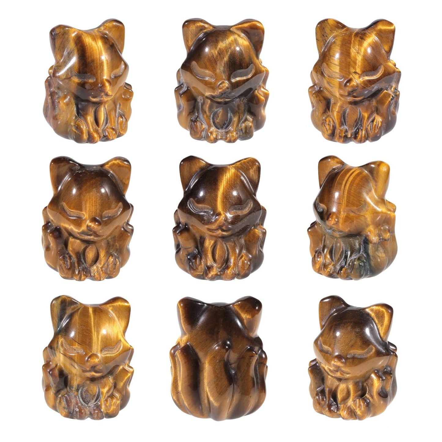 TUMBEELLUWA Pack of 2 Nine Tailed Fox Crystal Figurine Carved Mini Pocket Stone Small Animal Statue Sculpture for Desk Table Decor, Tiger's Eye Stone