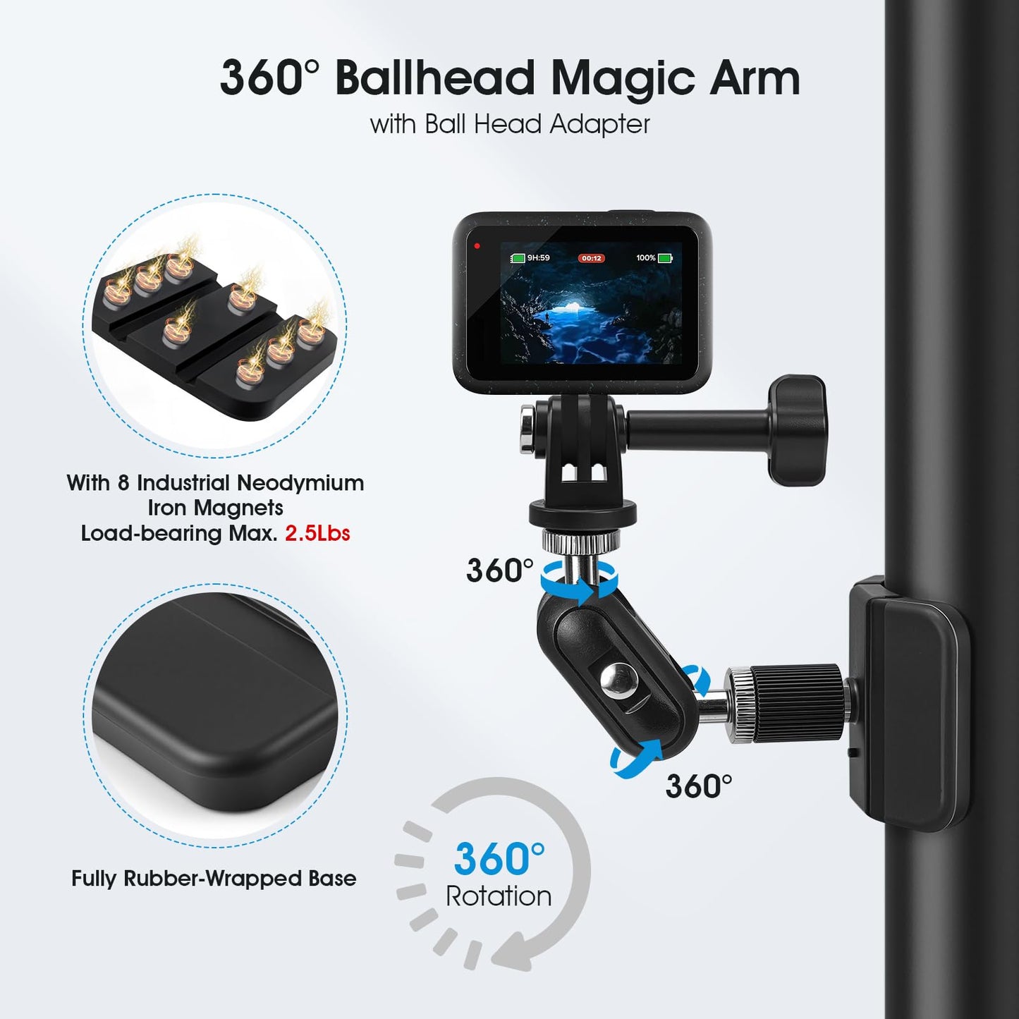 Magnetic Camera Fence Mount for Sports Recording, Universal Pole Mount fits for GoPro Insta360 X5 Mevo Camera, Flexible Fold Magnet Base for Flat & Curved Surfaces, Gym & Training Video Mount