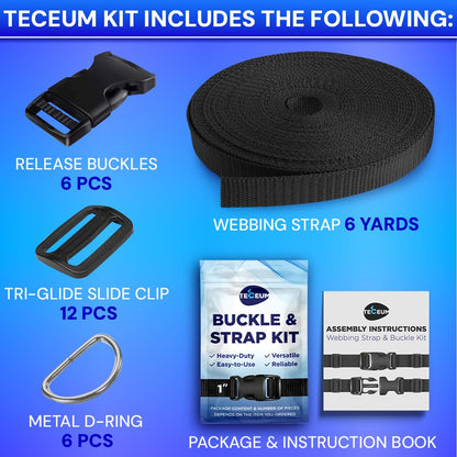 TECEUM Buckles & Strap Kit – 1" Black Nylon Webbing 6 (yd) – 6 Heavy Duty Adjustable Plastic Buckles – 12 Tri-Glide Slide Clips – 6 Metal D-Ring – Ideal Straps for Arts Crafts Outdoors Indoors DIY