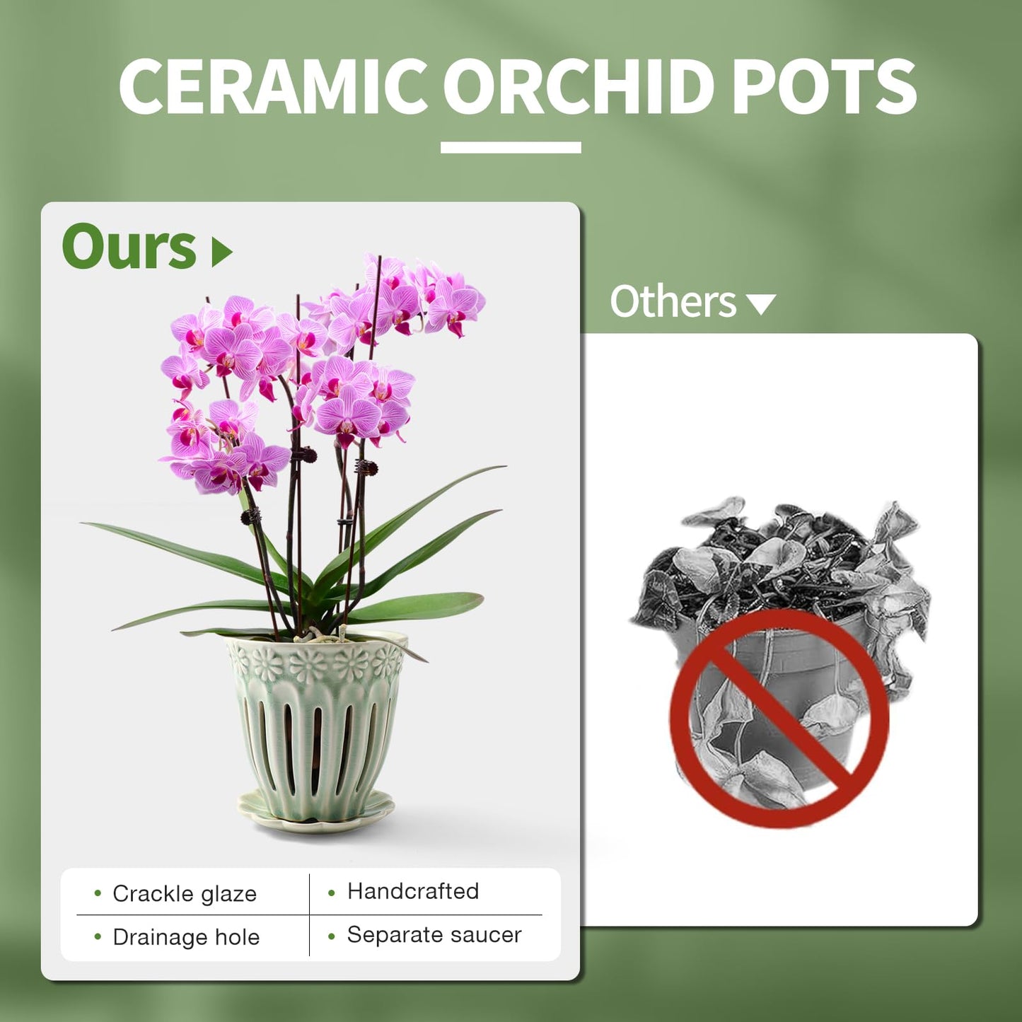 SUADEN 5" Ceramic Orchid Pots with Holes | Crackle Glazed Orchid Pot with Drainage and Separate Saucer | Ideal Plant Pot for Repotting Orchids and Other Flowers(Green)
