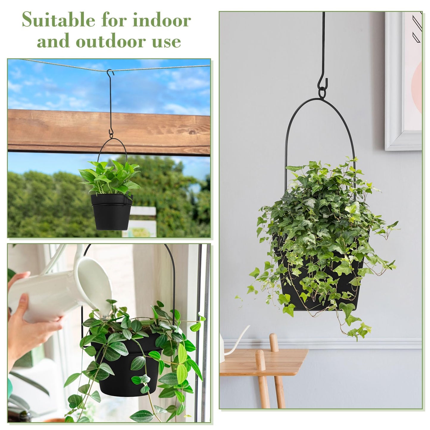 Hushee 10 Packs Metal Hanging Planters for Outdoor Indoor Plants Plant Hanger with 6.3'' Plastic Pots Hanging Planter Basket for Garden Home Porch Decor (Black)