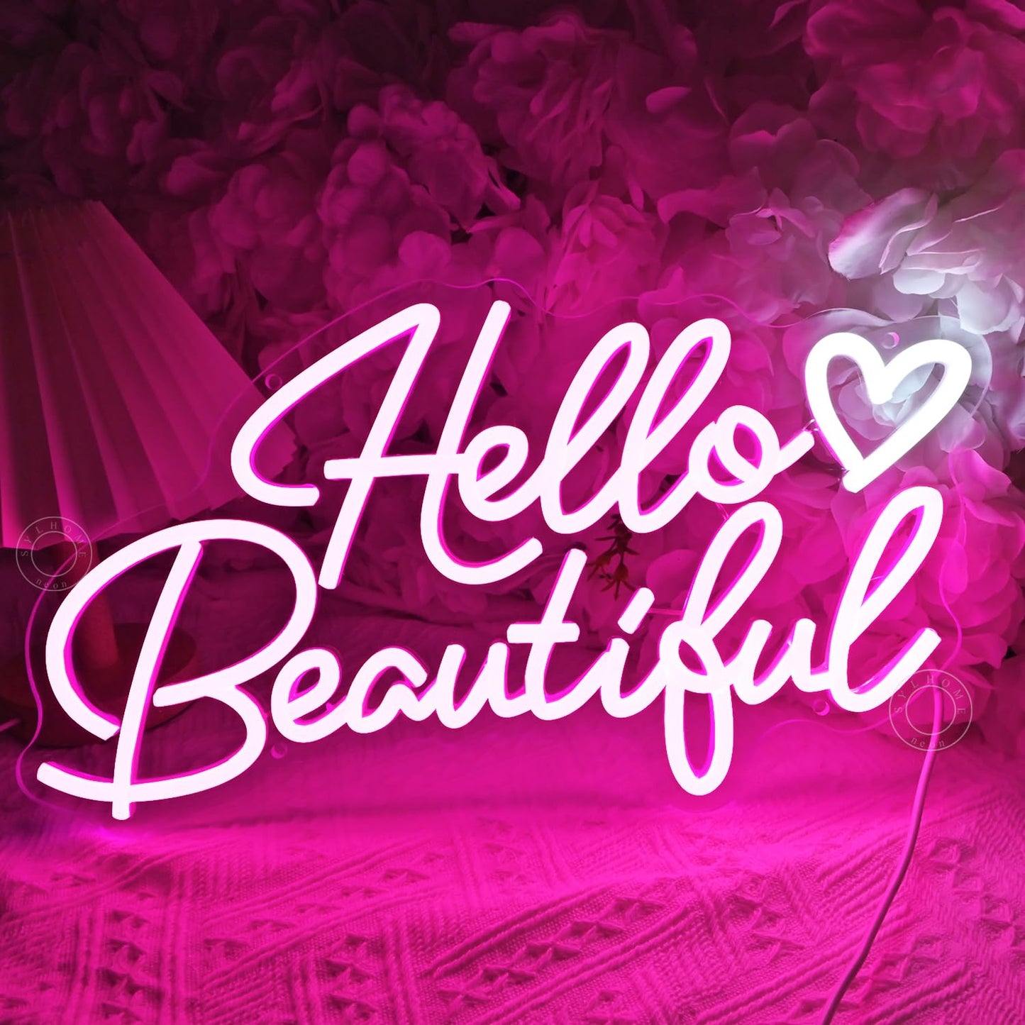 SYLHOME Hello Beautiful Led Neon Light Sign Pink Heart Hello Gorgeous Bedroom Wedding Birthday Party Decor USB Bacelorette Christmas Valentines Day Decoration 15.75"X8.7"